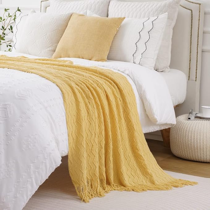 BATTILO HOME Yellow Throw Blanket for Couch, Textured Soft Gold Throw Blankets, Decorative Knitted Mustard Blanket for Sofa Bed Living Room, 50"x60"