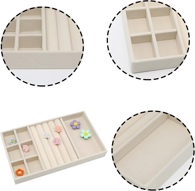 Velvet Jewelry Organizer Tray, Beige 3-in-1 | Stackable Jewelry Storage Display Tray with Removable Dividers for Drawer Dresser Cloest Organizer