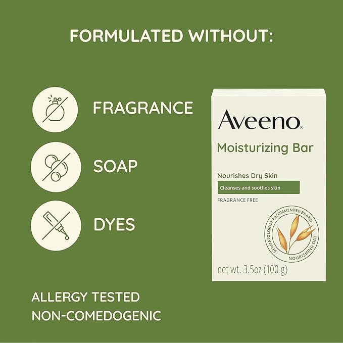 Aveeno Gentle Moisturizing Bar Facial Cleanser with Nourishing Oat for Dry Skin, Fragrance-free, Dye-Free, & Soap-Free, 3.5 oz (Pack of 6)