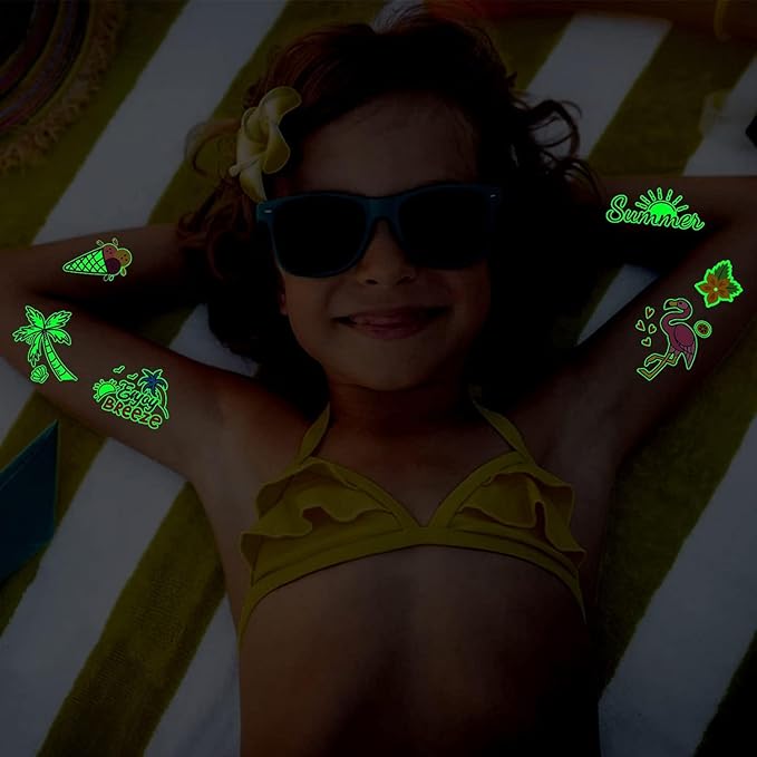 Partywind 190 Styles Luminous Hawaiian Luau Party Decorations, Glow Hawaiian Temporary Tattoos for Kids, Luau Tropical Pool Beach Party Supplies Favors (12 Sheets)