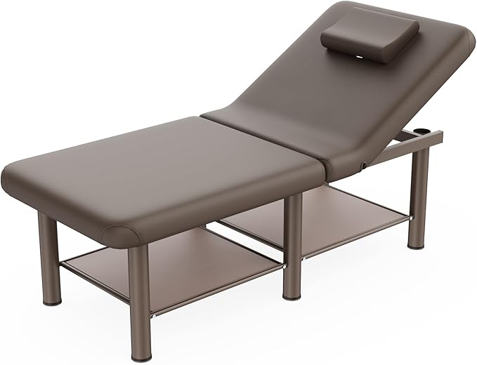 Folding Stationary Massage Table with Backrest and Storage Space for Treatment Table Physical Therapy Table Spa Facial Bed, 6 Round Legs Metal Frame PU Leather, 30.5'' Wide × 75'' Long - Brown
