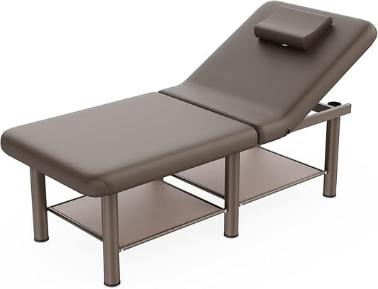 Folding Stationary Massage Table with Backrest and Storage Space for Treatment Table Physical Therapy Table Spa Facial Bed, 6 Round Legs Metal Frame PU Leather, 30.5'' Wide × 75'' Long - Brown