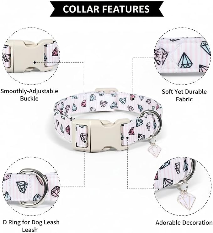 Striped Dog Collar, Girl Dog Collar with Diamond and Stripe Pattern, Adjustable Summer Cute Collar for Small Dogs, Great for Daily Walking, Outdoor Adventure & Photo Shoots, S