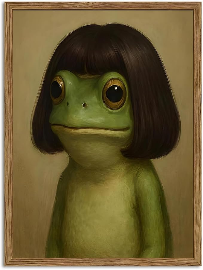 Funny Frog Wall Art, Whimsical Green Frog Wall Decor Painting Cute Animal Poster Canvas Prints Artwork for Living Room Bedroom Bathroom 12x16 inch Wood Framed
