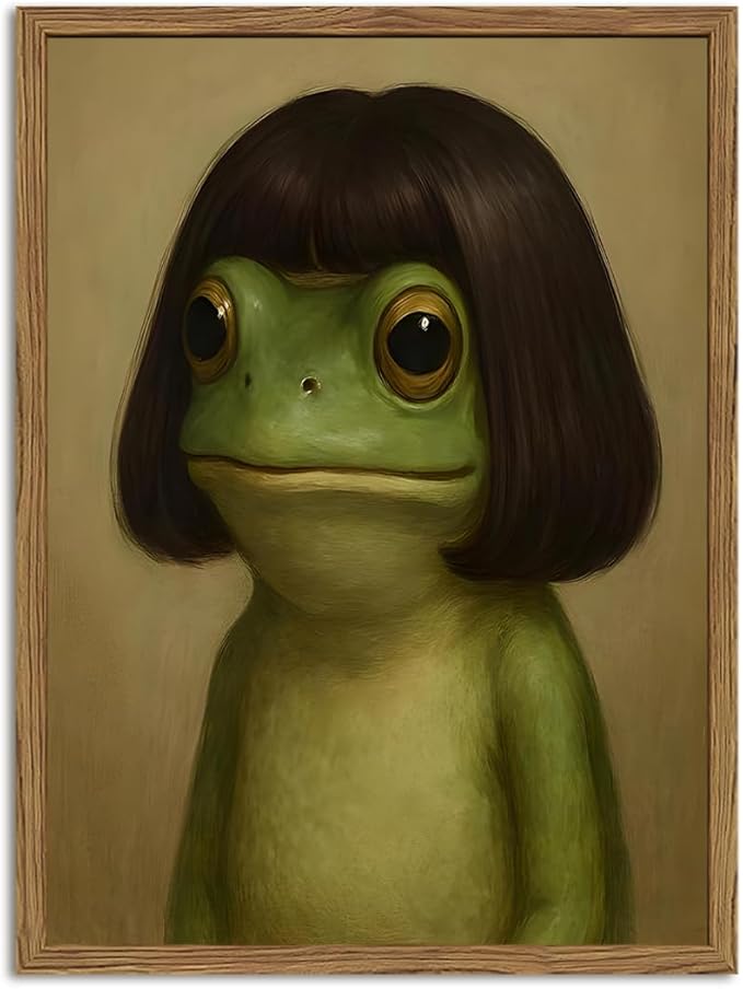Funny Frog Wall Art, Whimsical Green Frog Wall Decor Painting Cute Animal Poster Canvas Prints Artwork for Living Room Bedroom Bathroom 16x24 inch Wood Framed