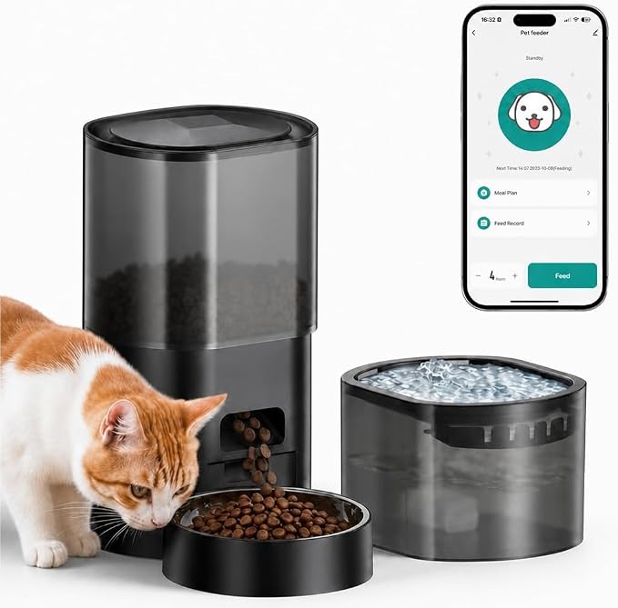 Automatic Cat Feeder and Water Fountain 2-in-1, Smart Timed Cat Food Dispenser with 2.4G WiFi APP Control, Automatic Dog Feeder and Water Dispenser with 10s Voice Recorder for Cats Small Dogs
