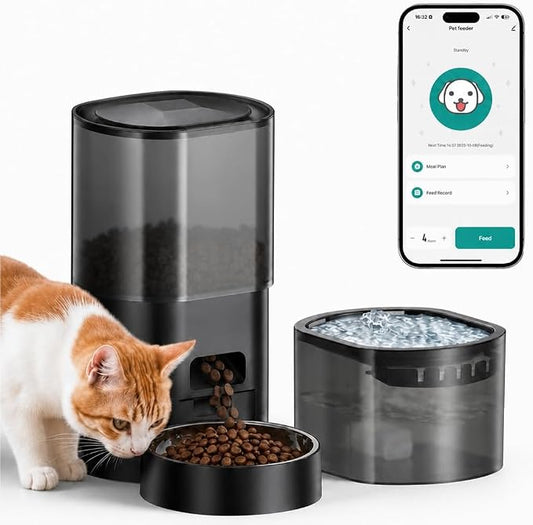 Automatic Cat Feeder and Water Fountain 2-in-1, Smart Timed Cat Food Dispenser with 2.4G WiFi APP Control, Automatic Dog Feeder and Water Dispenser with 10s Voice Recorder for Cats Small Dogs