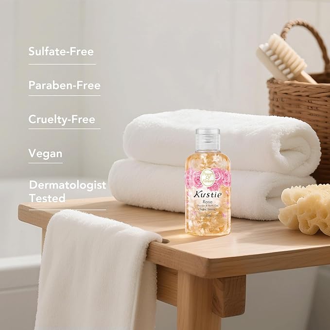 Kustie Rose Petal Travel Size Body Wash - Real Petals, Rose Water & Essential Oil for Deep Nourishing, Dewy & Silky-Smooth Skin with Hyaluronic Acid, Free From Paraben, Sulfate & Phthalate, 3.38 Fl Oz