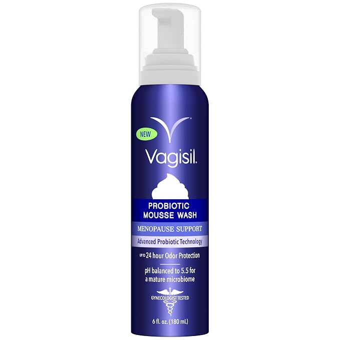 Vagisil Menopause Support Probiotic Mousse Wash, pH Balanced for Mature Microbiome, 24 Hour Freshness, Light Botanical Scent, Gentle Formula For Mature Skin, Sulfate-Free, 6 oz