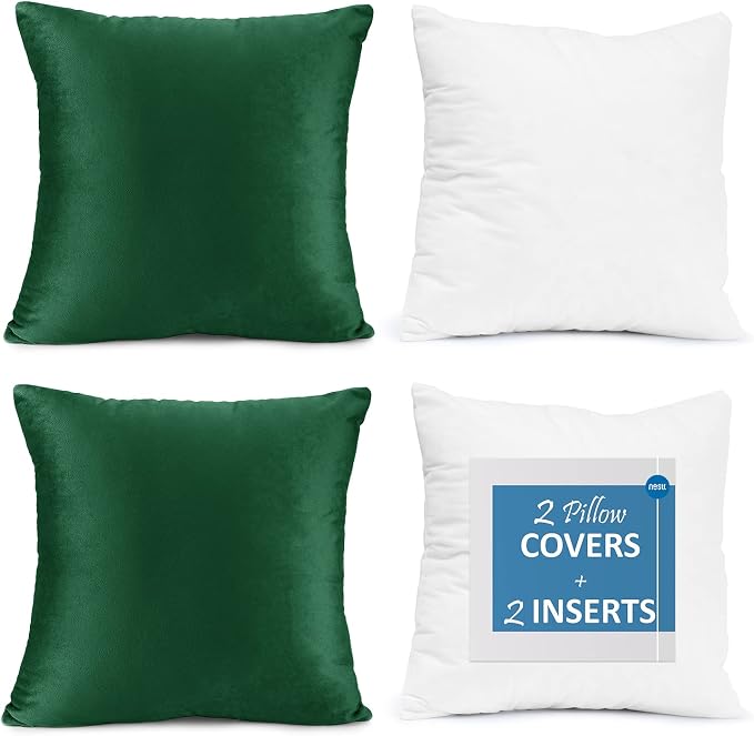 Throw Pillow Inserts Pack of 2 with Velvet Soft Solid Decorative Square Throw Pillow Covers Set for Sofa Couch Car Bedroom, 20X20 Throw Pillows Inserts with 18x18 Washable Cushion Covers, Hunter Green