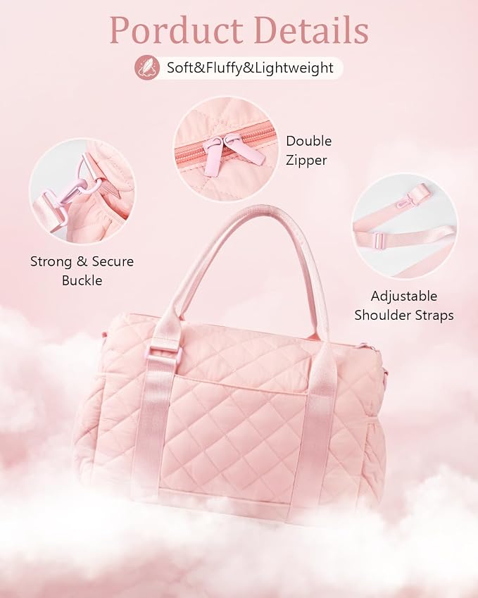 Gym Bag for Women with Yoga Mat Holder, Small Mini Gym Tote Bag Puffy Quilted Lightweight Sports Duffel Bag with Wet Compartment for Dance Yoga Workout Travel - Pink