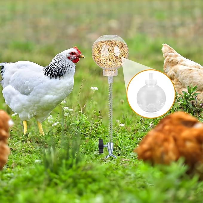Kalekey 4 Pack Chicken Feeding Toy, Chicken Enrichment Toys with Spring and 11" Metal Ground Stake, Chicken Treat Dispenser Peck Toy Boredom Busters for Hens, Ducks, and Parrots