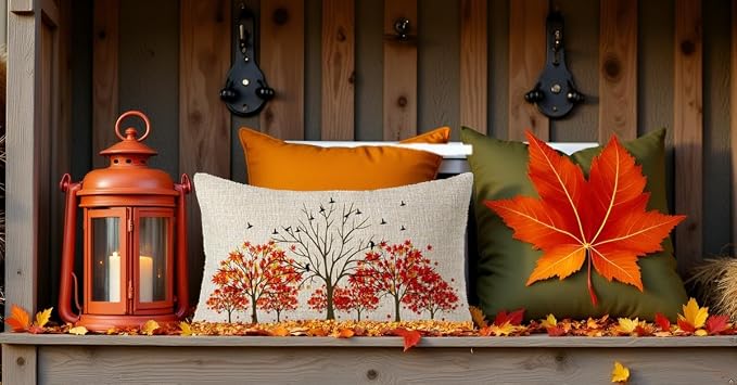 Autumn Throw Pillow Cover 12" x 20'' inches Linen Red Maple Leaves | Boho Pillow Covers Soft Family Home Gift Cushion Case Decorative