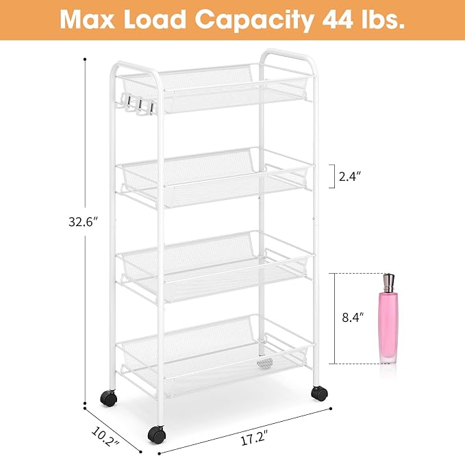 TOOLF 4 Tier Rolling Cart, Metal Utility Storage Cart with Wheels, White | 3 Hooks, Screwless Assembly, Trolley Organizer for Bathroom, Kitchen, Office, Nursery, Dorm, Laundry Room