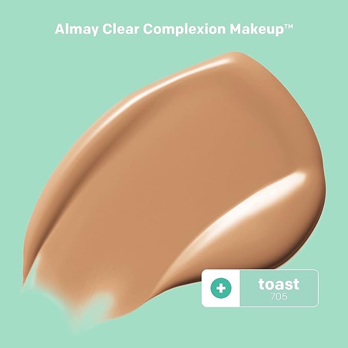 Almay Clear Complexion Acne Foundation Makeup with Salicylic Acid, Medium Coverage, Soft Matte Finish, Hypoallergenic, Cruelty- & Fragrance-Free, Dermatologist Tested, 705 Toast, 1 fl oz (Pack of 2)