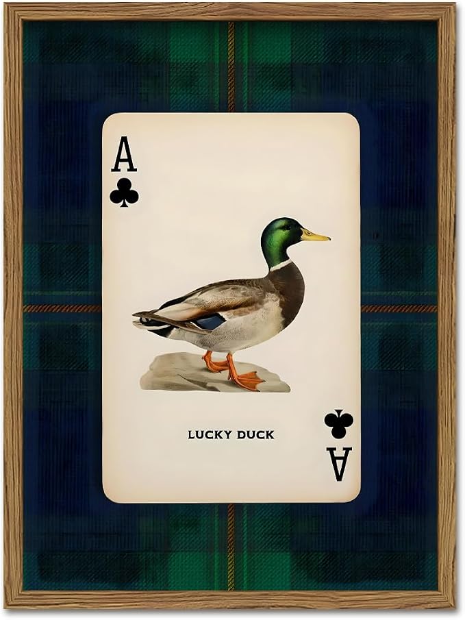 Vintage Mallard Duck Wall Art Cottage Core Hunting Lucky Duck Wall Decor Picture Dark Wildlife Playing Card Poster Canvas Print Painting for Farmhouse Bedroom Living Room 16x24 inch Wood Framed