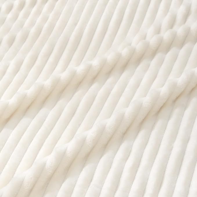 Vessia Flannel Fleece Striped Bed Blanket Twin Size(60x80inch), 300GSM Microfiber Cream Comfy Decor, Soft Warm Cozy Lightweight Ivory Ribbed Blanket for All-Season