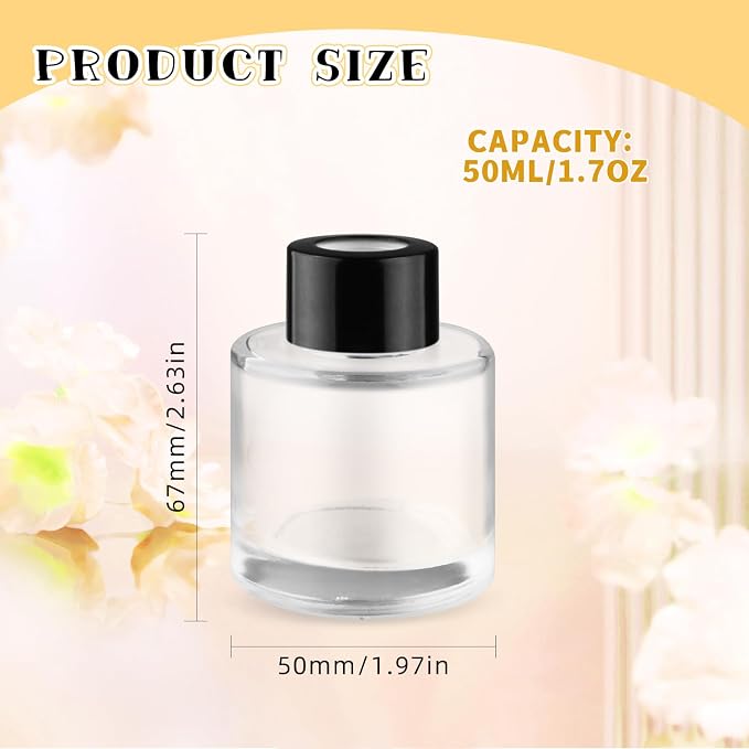 6 Pcs Glass Diffuser Clear Refillable Round Glass Diffuser with Black Lids for Aromatherapy Fragrance DIY Replacement Essential Oils Crafts - 50ml/1.7oz