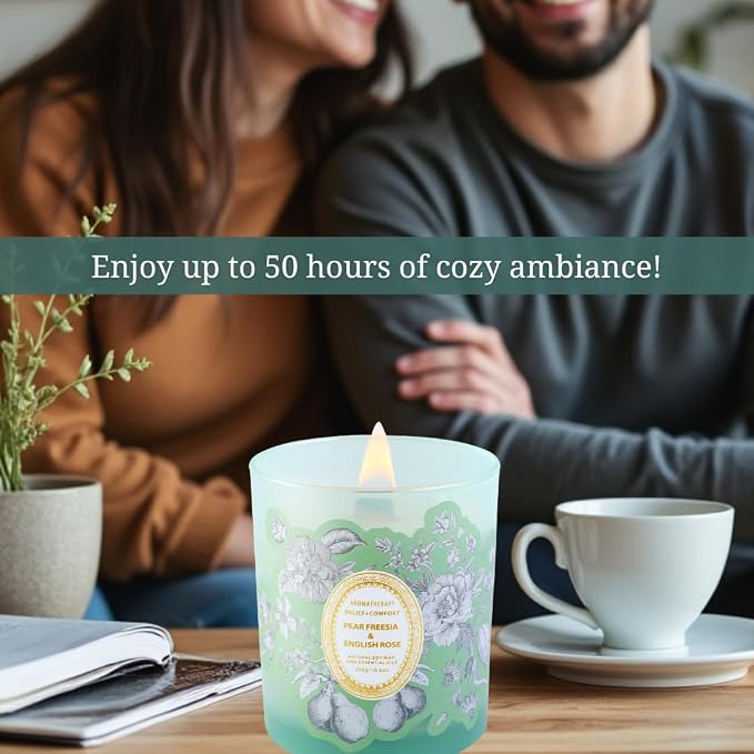 Pear Freesia English Rose Candle | 10.6oz Wood Wick Soy Scented Candle for Home | Relaxing Floral Garden Aromatherapy Candle | Long Lasting Clean Burn | Housewarming Gift for Women & Men