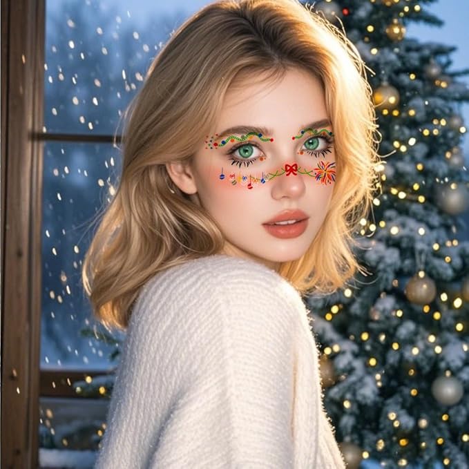 12 Pairs Christmas Eye Shadow Stickers Face Makeup Patches Xmas Eyeliner Stickers Decals Temporary Tattoo for Women Fake Tattoos Christmas Stocking Stuffers Party Supplies Festival Decorations