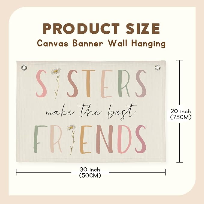 Girls Room Decor, Sisters Make The Best Friends Wildflower Wall Decor Banner Flag for Sisters Room Decoration，Boho Nursery Decor Baby Girls Toddler Kids Bedroom 30x20,girlroom