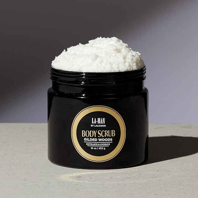 LALICIOUS Gilded Woods La-Man Body Scrub - Exfoliating Sugar Scrub for Men - Body Exfoliator for Dead Skin & Optimal Hydration - Pure Cane Sugar + Coconut Oil - 16oz