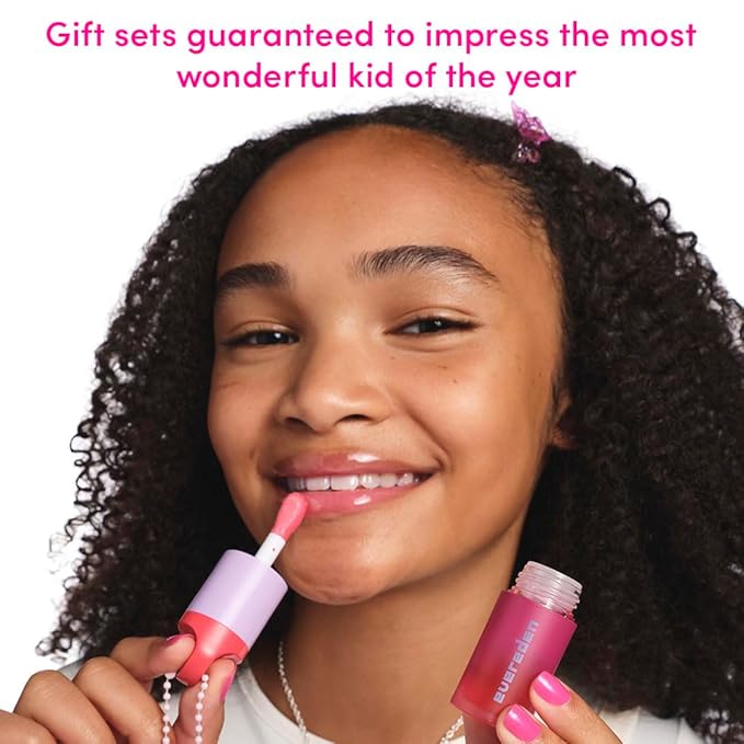 Evereden Kids Tinted Non Toxic Lip Gloss Gift Set: Ruby Red & Sakura Pink, Non Toxic and Vegan Makeup for Kids - Hydrating Lip Gloss with Cherry, Peach, & Cranberry Oils - Gift Set with a Box