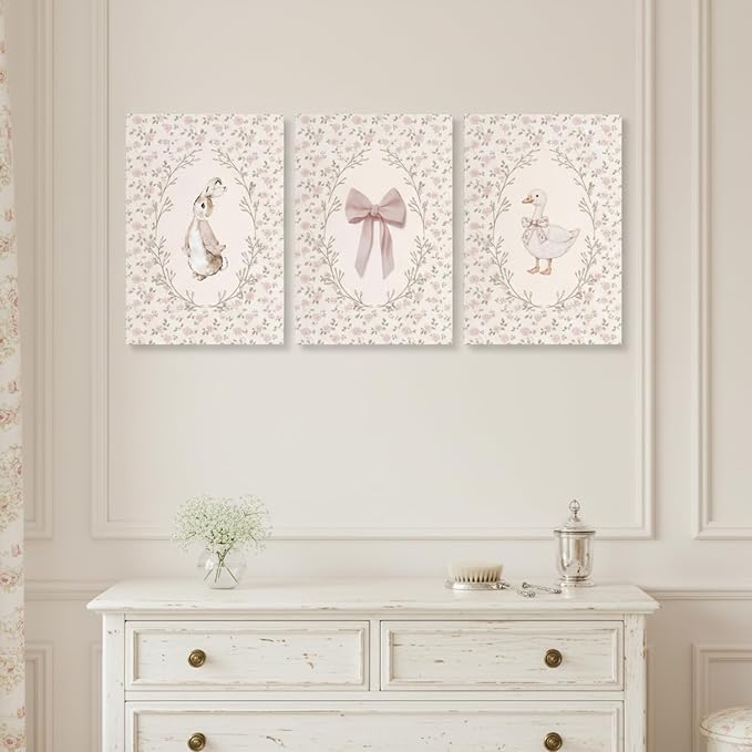 Baby Girl Nursery Wall Art Set of 3, Vintage Cottage Core Nursery Decor, Pink Bow Rabbit Goose Poster Print, Cute Floral Animal Canvas Pictures for Girls Room Kids Bedroom Framed 16x24 Inch