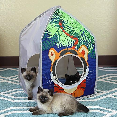 Kitty City Safari Jungle Tiger Pop-Up Cat House, Collapsible Indoor Cat Hideout with Peekaboo Openings, Lightweight Foldable Cat Playhouse