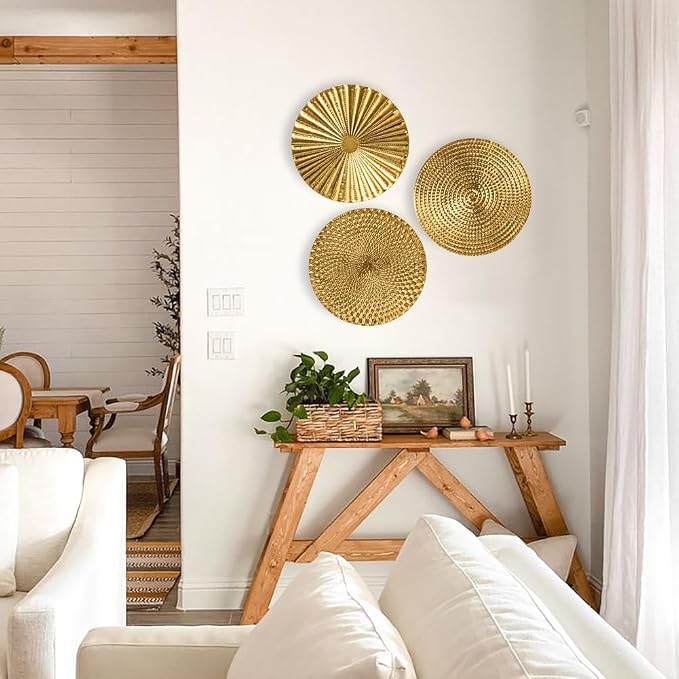 Briful 12" Gold Wall Décor Pack of 3 Metal Starbursts Radial Plate Wall Art Modern Accent Hanging Wall Decorations For Home Office Bedroom Or Living Room Wall Sculptures