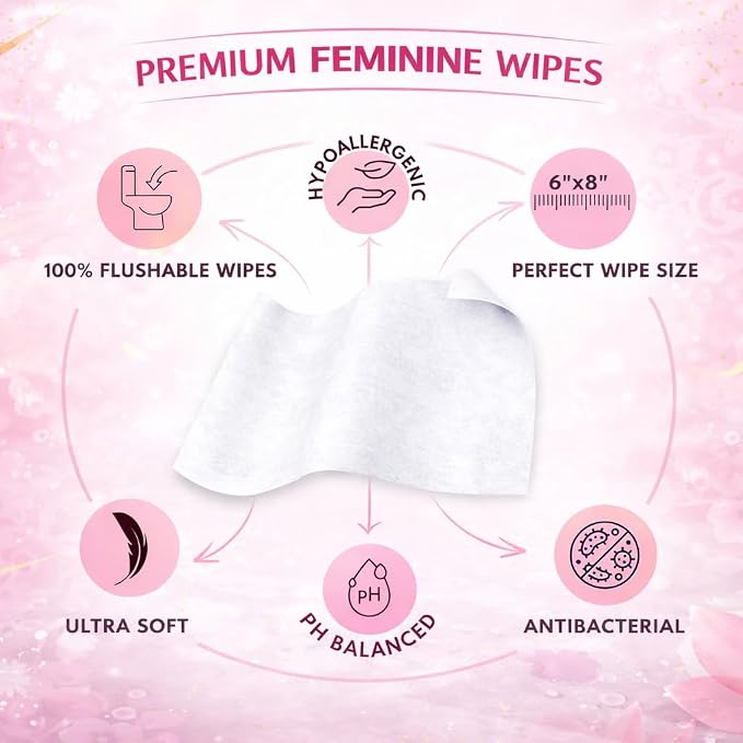 Flushable Feminine Wipes for Sensitive Skin – pH Balanced, Fragrance-Free Intimate Wipes with Aloe Vera & Vitamin E, Individually Wrapped Travel Size (30 Count)