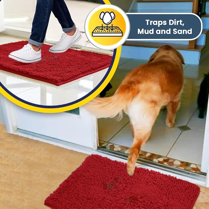 Muddy Mat® | Super Water Absorbent Door Mat Indoor, Microfiber Quick Dry Chenille Entryway Rug, Slip Resistant Front Door Mat, Indoor Mats for Entryway, Machine Washable Pet Rug, Red 6ft x 9ft