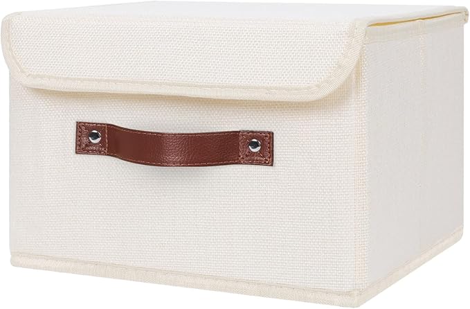 ANMINY Fabric Storage Box Bins with Lids, Beige, 13"x9"x7.9" | Keepsake Memory Storage, Cotton Linen, PP Board Reinforced, Washable, PU Handles, Foldable & Stackable, Decorative, Medium