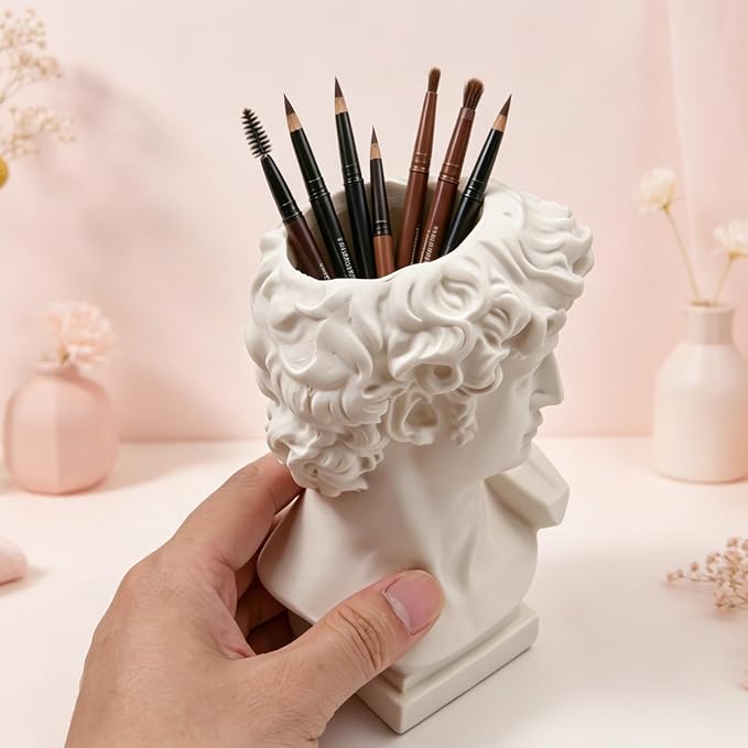 1 Piece David Bust Resin Sculpture Vase 6.5 Inch | Roman Office Home Greek Decor, David Head Planters, Makeup Brush Pen Holders