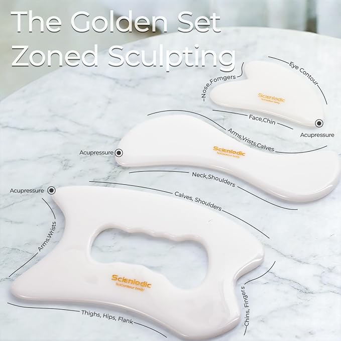 Scienlodic 3 Pcs Gua Sha Massage Tools for Face & Body (White, Resin) - Scraping Tools for Back, Legs & Muscle Relaxation, Guasha Facial Tool for Jawline Contouring & Puffiness Reduction