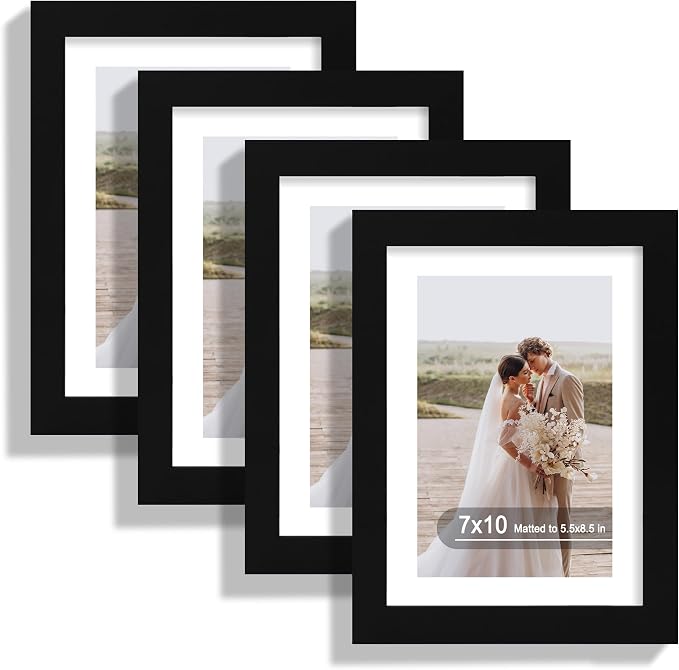 Hongkee 7x10 Picture Frame Set of 4, Made of Real Glass and Black Frame - Display 5.5 x 8.5 Diploma Frame with Mat or 7x10 Without Mat, 7 by 10 Photo for Wall or Tabletop