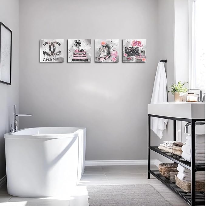 4 Pcs Pink Fashion Canvas Wall Art Black and White Decor Grey Wall Decor | Aesthetic Framed Posters Art Prints Artwork Pink Pictures for Women Bedroom Apartment Vogue Living Room Decor 8 x 8 inches