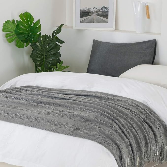 BOURINA Dark Grey Throw Blanket 60x80 Inch Knitted Soft Throw Sofa Blanket | Knitted Throw Blanket 60x80 Inches, Soft Lightweight Boho Weave Throw Decorative Couch Blanket for Living Room Bedroom Chair