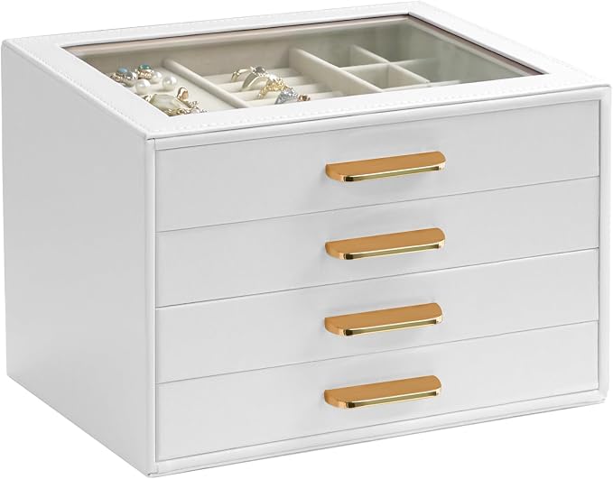 Homeanda Jewelry Boxes Organizer with Glass Lid, 4-Layer PU Leather, White | Modern style display case with 4 drawers for daily jewelry, women, mom or girl gift