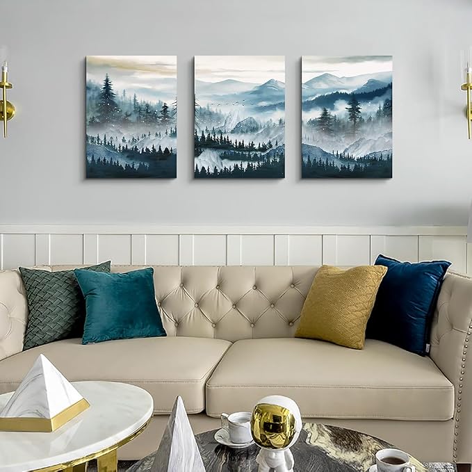 MHARTK66 Wall Art for Living Room,Mountain Landscape Wall Decor,Large Foggy Forest Artwork for Walls, 3 Piece Nature Paintings Prints for Bedroom Hallway Office Kitchen Home Decorations, 20x28 Inch