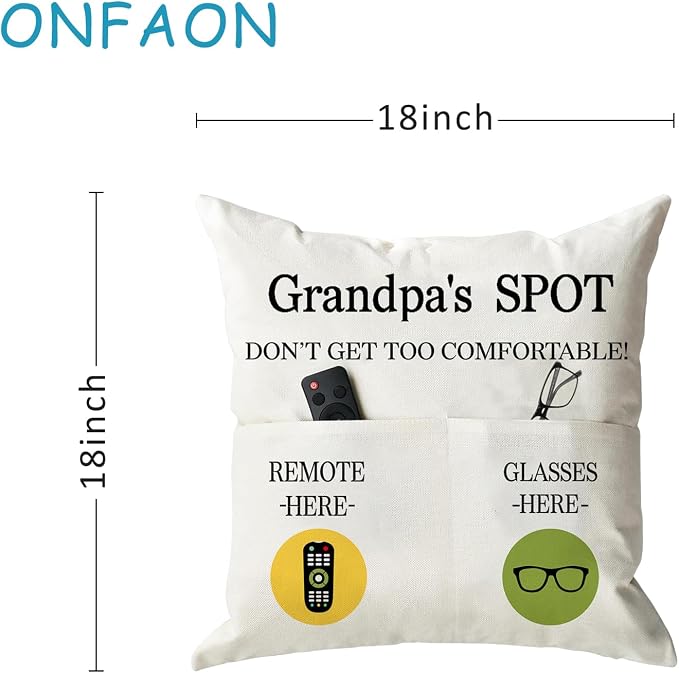 ONFAON Grandpa Gifts,Grandpa's Spot Throw Pillow Covers 18x18 Inch for Bed Sofa Couch,Birthday Christmas Thanksgiving Day Gifts for Grandpa Stepdad,2-Pocket