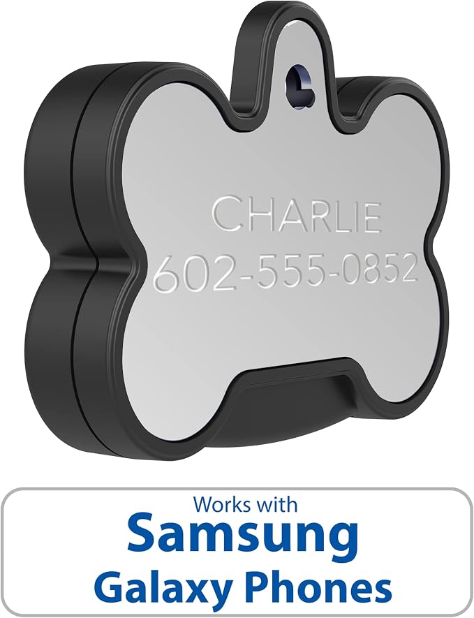 YIP Smart Tag ID & Custom Engraved Dogs Tracker - Compatible with Samsung Galaxy (No GPS Subscription Or Monthly Fee) Pets Collar Location Bone Silver