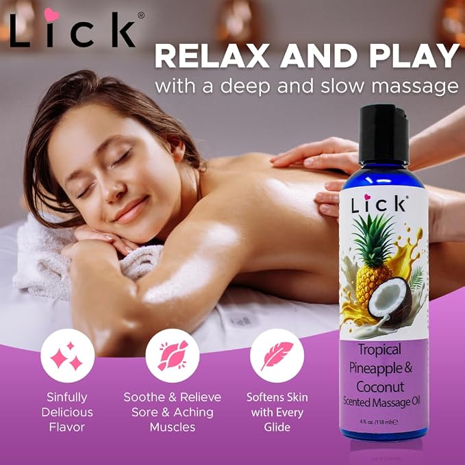 Lick Tropical Pineapple and Coconut Massage Oil with Vitamin E - Edible Body Oil for Couples Massage - Sweet Almond and Coconut Oil Blend - Smooth Long-Lasting Glide for Men and Women - 4 oz