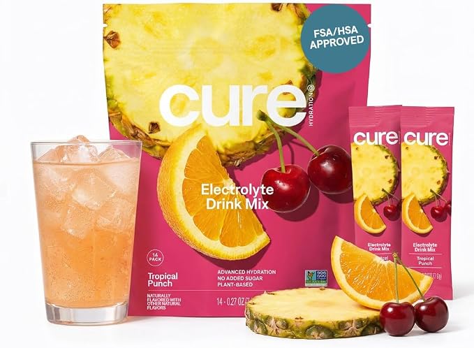 Cure Hydration | Plant-Based Electrolyte Drink Mix | No Added Sugar | FSA-HSA | Dehydration Relief Powder Made with Coconut Water | Non-GMO | Vegan | Pouch of 14 Packets - Tropical Punch