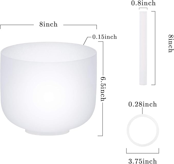 SOLSHINE Crystal Singing Bowl 8 Inches 432Hz C Note Root Chakra Frosted Quartz, With Free Crystal Forward And O-ring Sound Repairer