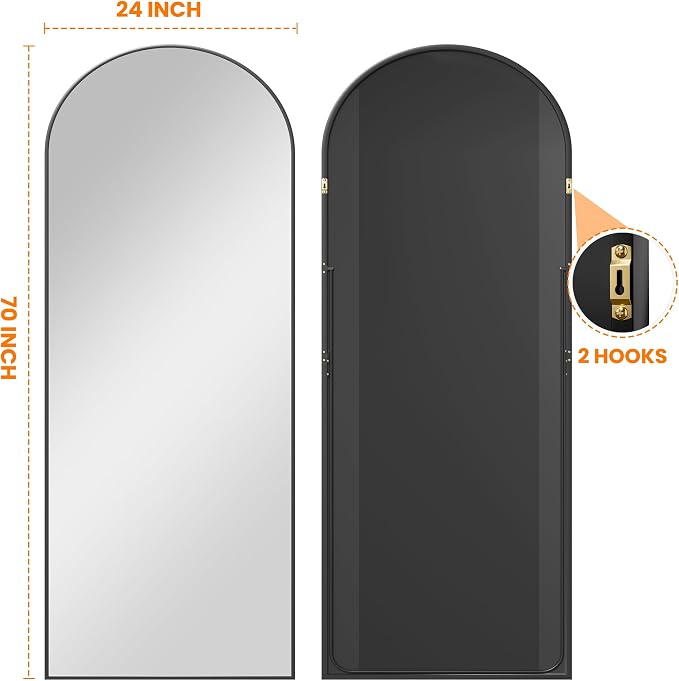 Arched Full Length Mirror, 70"x24" Standing Body Mirror for Wall, Black | Built-in Stand, HD Shatterproof Glass, Aluminum Alloy Frame, Hanging or Standing, for Bedroom, Living Room & Dressing Room