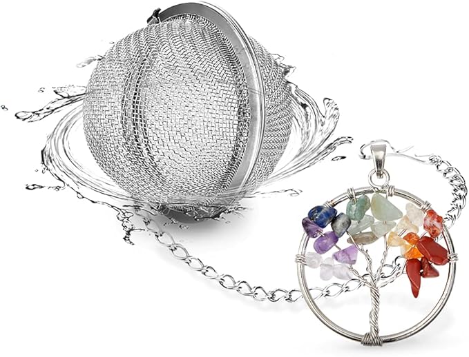 Natural Healing Crystals Quartz Tree of Life Tea Infuser, Tea Steeper for Loose Tea, 7 Chakras Gemstone Pendant 18/8 Stainless Steel Mesh Tea Ball designed by NSTaygate