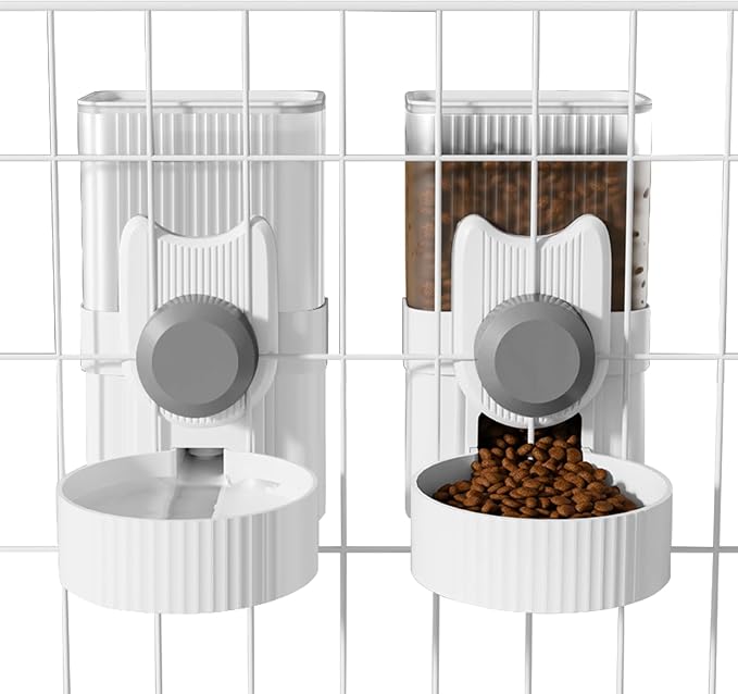Hanging Cage Auto Pet Food Bowl Water Bottle Dispenser, 1L, Grey | Auto Gravity Pet Feeder and Waterer Set, Kennel Feeding Station, Crate Feeder Dish, For Rabbit Puppy Cats Ferret