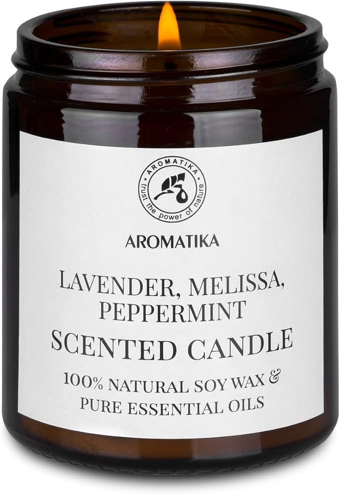 Scented Candle with Essential Oils - Lavender/Lemon Balm/Peppermint - Soy Wax Candles - Aromatherapy Candle - Soywax 150g - Up to 45 Hours Burn Time - Home Scented Candles - Glass Candle Gift
