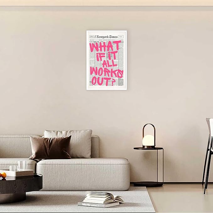 Drimiler Retro Newspaper Pink Font Poster What If It All Works Out Canvas Wall Art Positive Affirming Quote Minimalist Prints Painting For Home Bedroom Dorm Wall Decor 16x24in Unframed